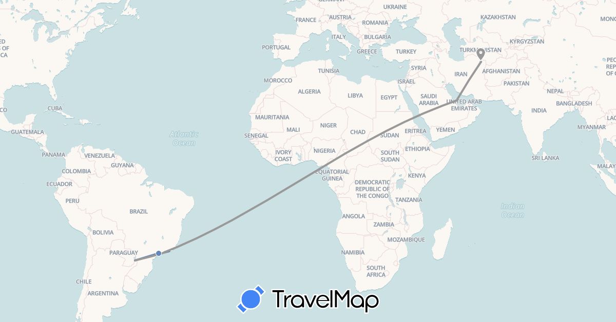 TravelMap itinerary: plane, cycling in Brazil, Iran, Qatar (Asia, South America)